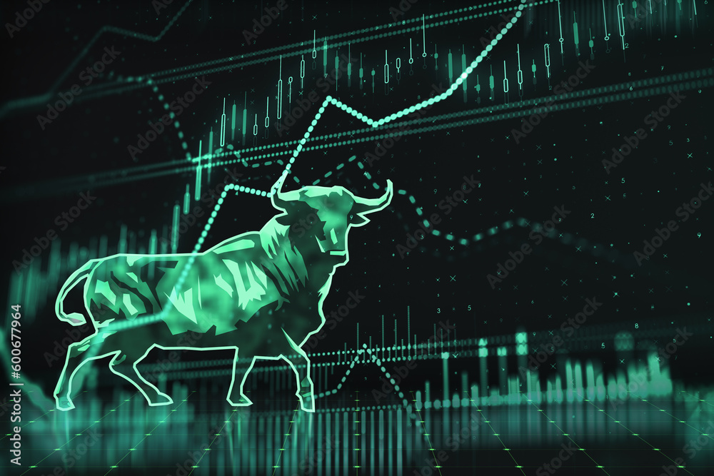 Poster financial investment and stock market growth concept with digital green bull symbol on dark backgrou