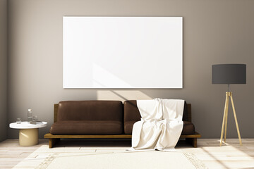 Front view on blank white big banner with place for your logo or advertising text in stylish sunlit living room with vintage lamp and light blanket on brown sofa on wooden floor. 3D rendering, mock up