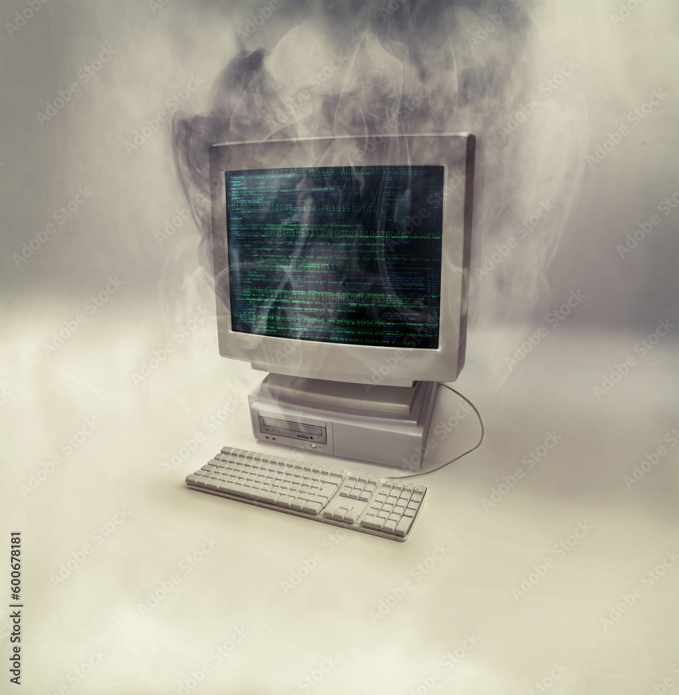 Poster smoke, computer problem and monitor with desktop and error screen with explosion. isolated, white ba