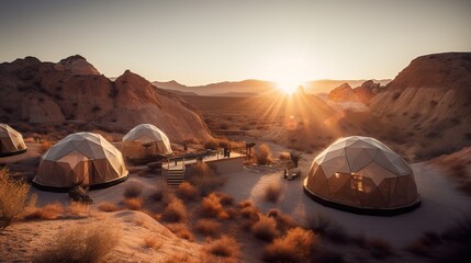 Futuristic Glamping Site in Rocky Desert Landscape at Sunset - obrazy, fototapety, plakaty