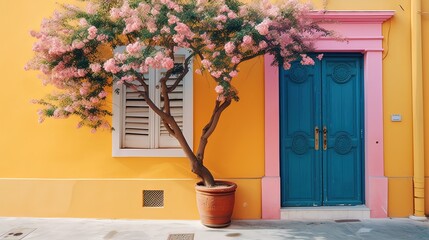 front house or apartment wooden door with flower blossom vine shade, Generative Ai