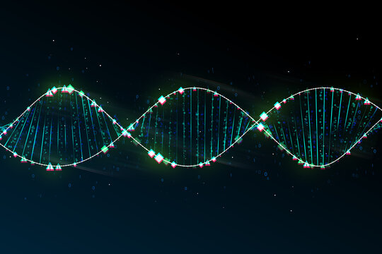 Innovation, science and genetics concept with bright digital DNA molecule on abstract dark background with binary code. 3D rendering