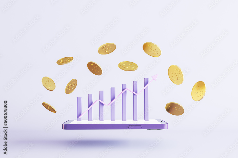 Poster creative image of cellphone with creative business chart and golden dollar coins on light background