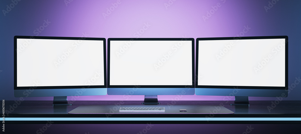 Aufkleber Abstract purple workplace with three empty white mock up computer screens. Office concept. 3D Rendering.