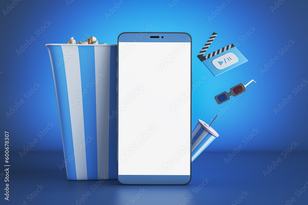 Poster creative blue online movie theater background with mock up smartphone, pop corn and other items. mul