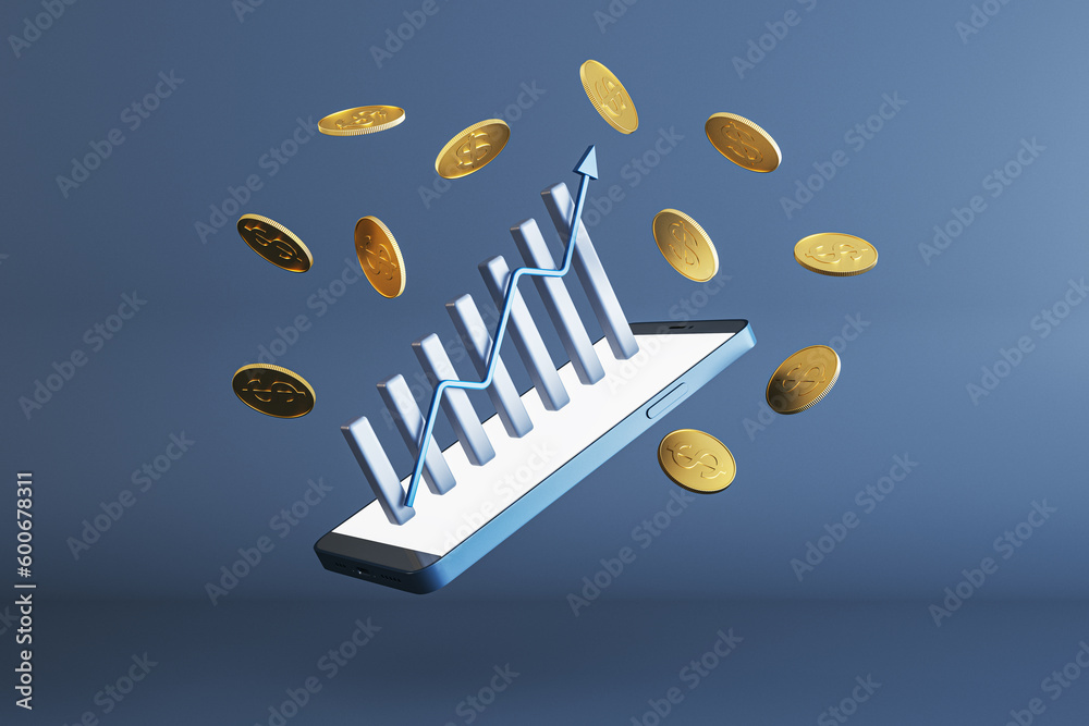 Poster abstract image of cellphone with creative business chart and golden dollar coins on blue background.