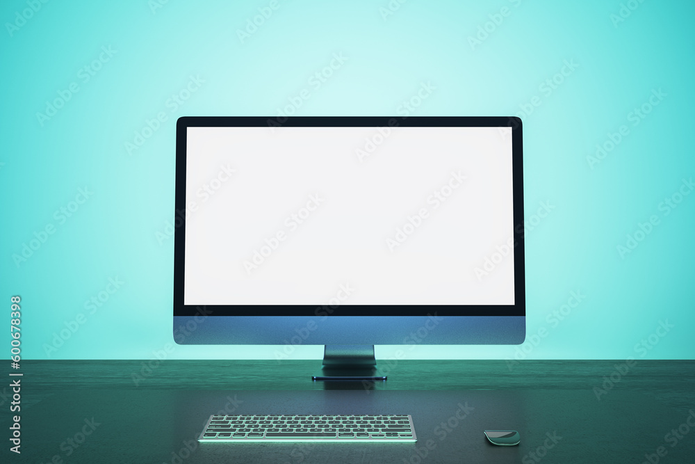 Poster Abstract blue workplace with empty white mock up computer screen. Office concept. 3D Rendering.