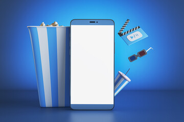 Creative blue online movie theater background with mock up smartphone, pop corn and other items. Multimedia application service. 3D Rendering.