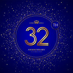32th anniversary logo with gold numbers and glitter isolated on a blue background