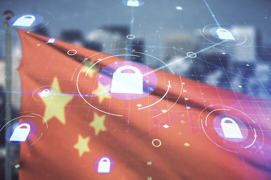 Virtual Creative Lock Symbol And Microcircuit Illustration On Flag Of China And Blurry Cityscape Background. Protection And Firewall Concept. Multiexposure