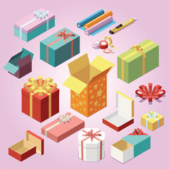 isometric set empty wrapped cardboard gift boxes stationery icons 3d isolated vector illustration