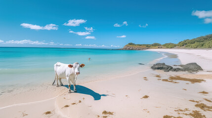 Fototapeta na wymiar Serenity on the Shore: A Black and White Cow Grazes on a South Sea Beach. Generative AI