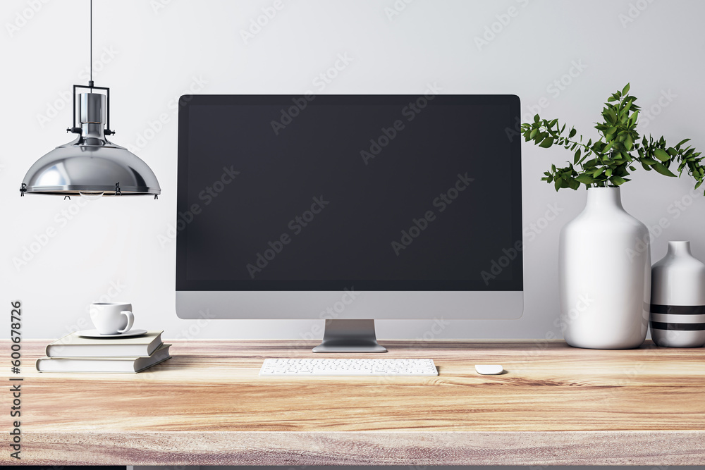Poster Front view on blank black modern computer monitor screen with space for web design or web site on stylish wooden work table with chrome lamp and white wall background. 3D rendering, mock up