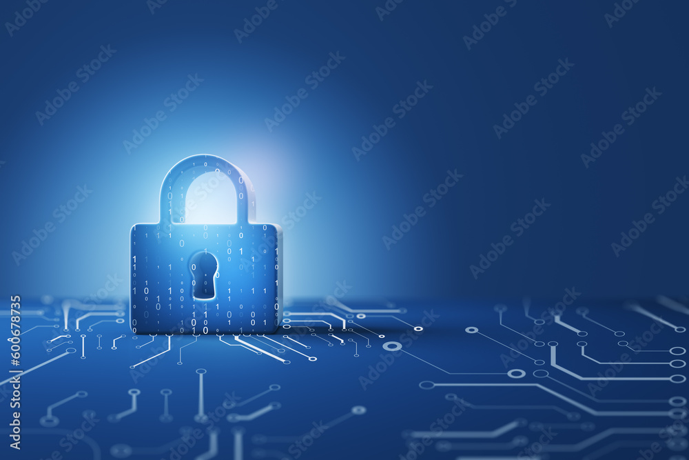 Poster Future technology, security and cyber protection concept with front view on padlock binary code printed on circuit surface and blue background with space for advertising poster. 3D rendering, mock up
