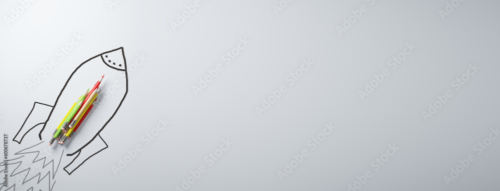 Aufkleber startup and business idea concept with stack of pencils on drawn on white list background with place