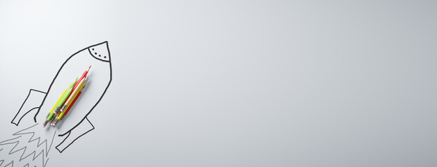 Startup and business idea concept with stack of pencils on drawn on white list background with place for your advertising poster or logo brand rocket. 3D rendering, mockup