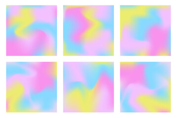 Vector set of mesh gradient backgrounds in soft pastel colors. Copy space for text. Abstract fluid illustrations in y2k aesthetic. Modern templates for banners, branding design, social media, covers.