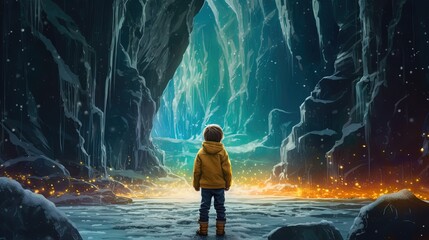 illustration of a young child in amazing ice cave, Generative Ai 