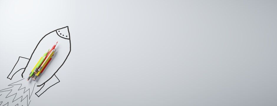 Startup and business idea concept with stack of pencils on drawn on white list background with place for your advertising poster or logo brand rocket. 3D rendering, mockup