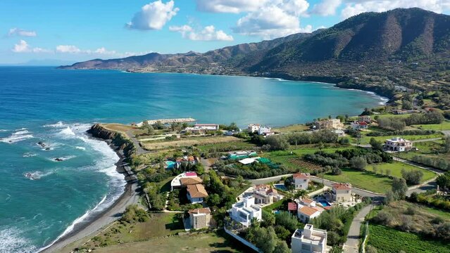 Small local harbor with colorful fishing boats at Pomos,Cyprus. Aerial view of Pomos fishermans harbour in Cyprus.