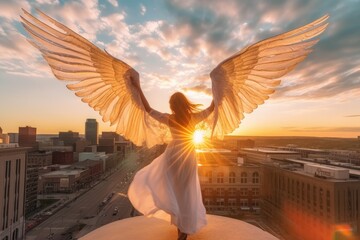 Beautiful young woman with angel wings on the roof at sunset. Created with Generative AI tools