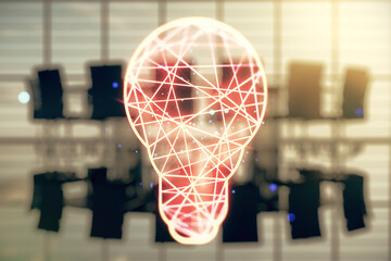 Fototapeta na wymiar Virtual Idea concept with light bulb illustration on a modern conference room background. Multiexposure