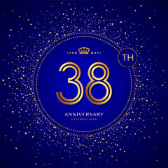 Fototapeta premium 38th anniversary logo with gold numbers and glitter isolated on a blue background