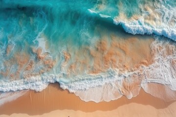 Aerial view of beautiful sandy beach with turquoise ocean waves. Created with Generative AI tools
