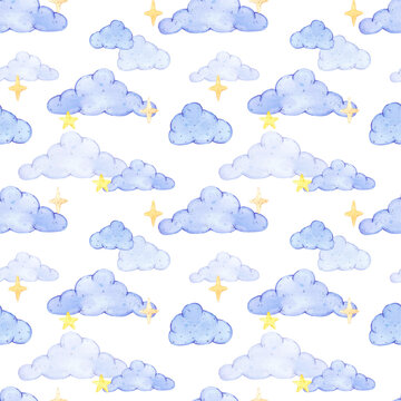 Hand drawn watercolor blue clouds seamless pattern. Isolated on white background. Can be used for children's textile, gift-wrapping, fabric, wallpaper.