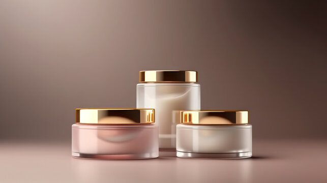 Cosmetics product for mock up, moisture cream bottle, skin care product scene, Blank packaging clear cosmetic cream pot or glass jar. Generative AI.
