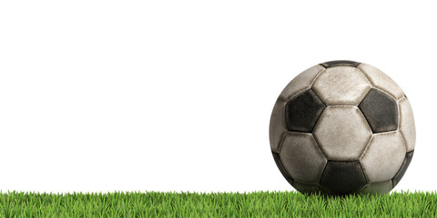 Close-up of an old black and white soccer ball (Football) isolated on white or transparent...