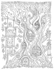 Fototapeta na wymiar Old tree and fairy tale house with furniture. Adults and children Coloring book page