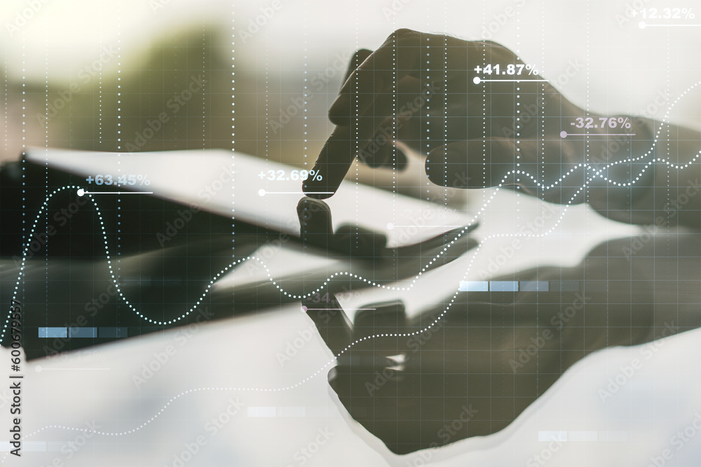 Poster Multi exposure of abstract statistics data hologram interface and hand working with a digital tablet on background, computing and analytics concept