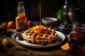 Honey or caramel pouring from jar on a freshmade waffles with strawberries. Breakfast with Belgian waffles. Generative AI