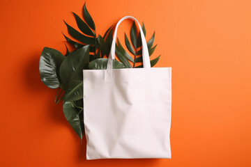 Blank cotton white shopper tote bag on green and orange background with plants, Generative AI