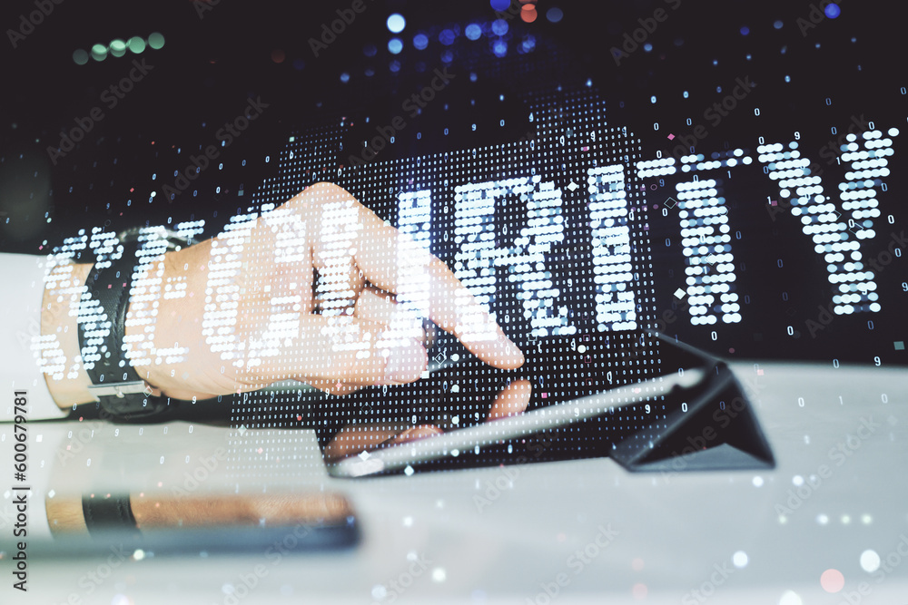 Poster cyber security creative concept with finger clicks on a digital tablet on background. double exposur