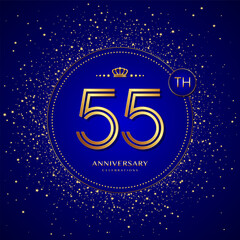 55th anniversary logo with gold numbers and glitter isolated on a blue background