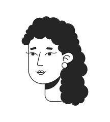 Naturally curly haired pretty woman monochrome flat linear character head. Lady wearing earrings. Editable outline hand drawn human face icon. 2D cartoon spot vector avatar illustration for animation