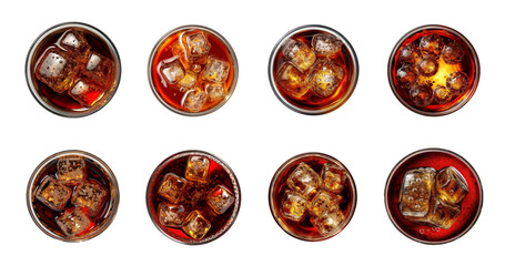 Top view of glass of Coca-Cola on isolated background, Coca-Cola with ice. Generative AI