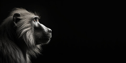 Black and white photorealistic studio portrait of a Baboon on black background. Generative AI illustration