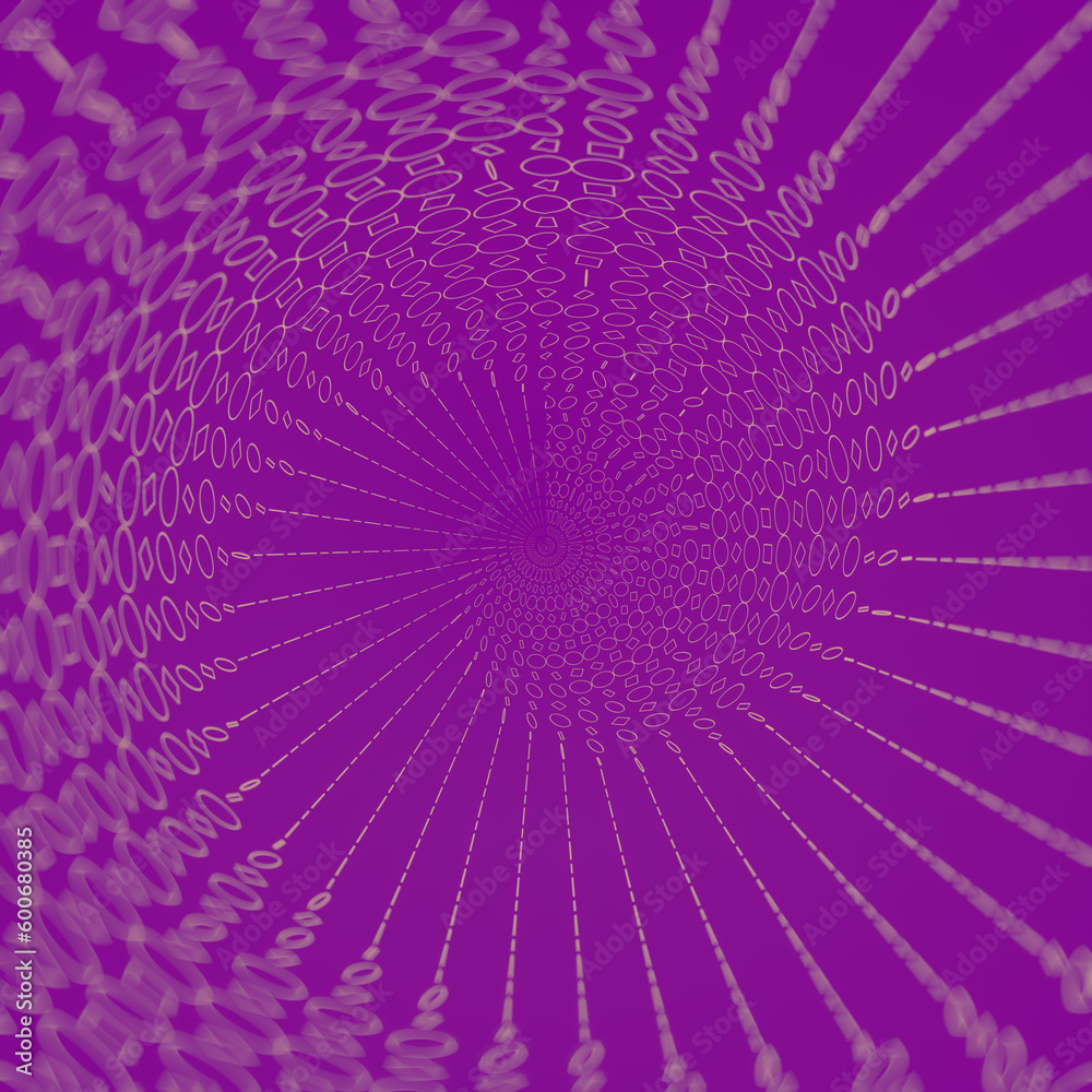 Poster spiral divergent wave of flat circles and squares on purple background. 3d rendering digital illustr