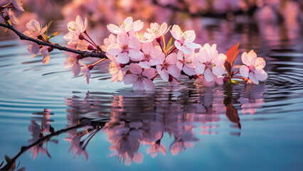 Ast mit Kirschblüten der die Wasseroberfläche berührt und sich im Wasser spiegelt - Generativ KI