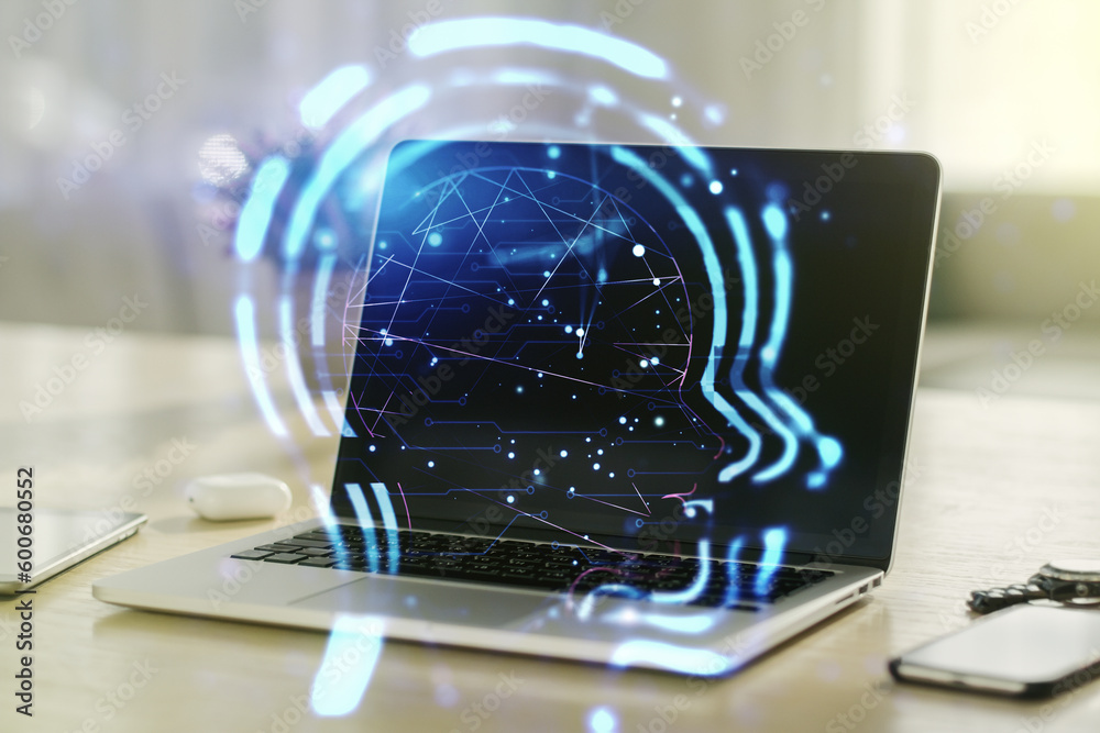 Poster creative artificial intelligence concept with human head sketch on modern computer background. doubl
