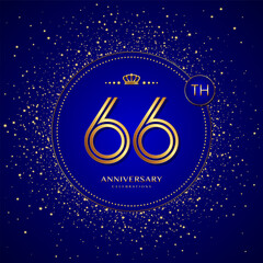 66th anniversary logo with gold numbers and glitter isolated on a blue background
