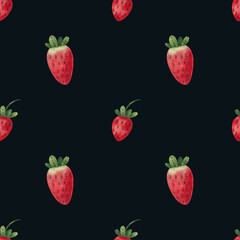 Seamless pattern with strawberries on a dark gray background. Watercolor illustration. Wallpaper. Print on fabric and paper. Berries. Nature. Garden. Natural. Plants. Art. Design.