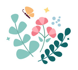Fototapeta na wymiar Serenity nature semi flat color vector clip art element. Greenery with flying butterfly. Blooming spring flowers. Editable icon on white. Simple cartoon style spot illustration for web graphic design