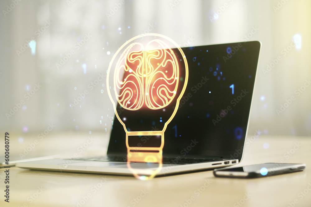 Poster creative light bulb with human brain hologram on modern laptop background, artificial intelligence a