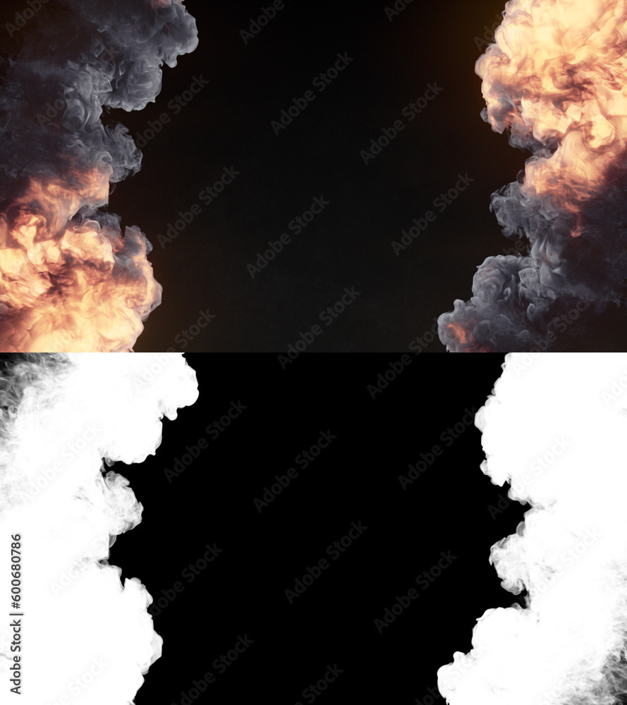Poster giant fire explosions. dark smoke trails isolated on black background. alpha matte. 3d rendering dig