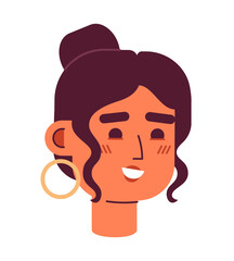 Happy latina woman wearing hoops semi flat vector character head. Brunette girl with tied hair. Editable cartoon avatar icon. Face emotion. Colorful spot illustration for web graphic design, animation