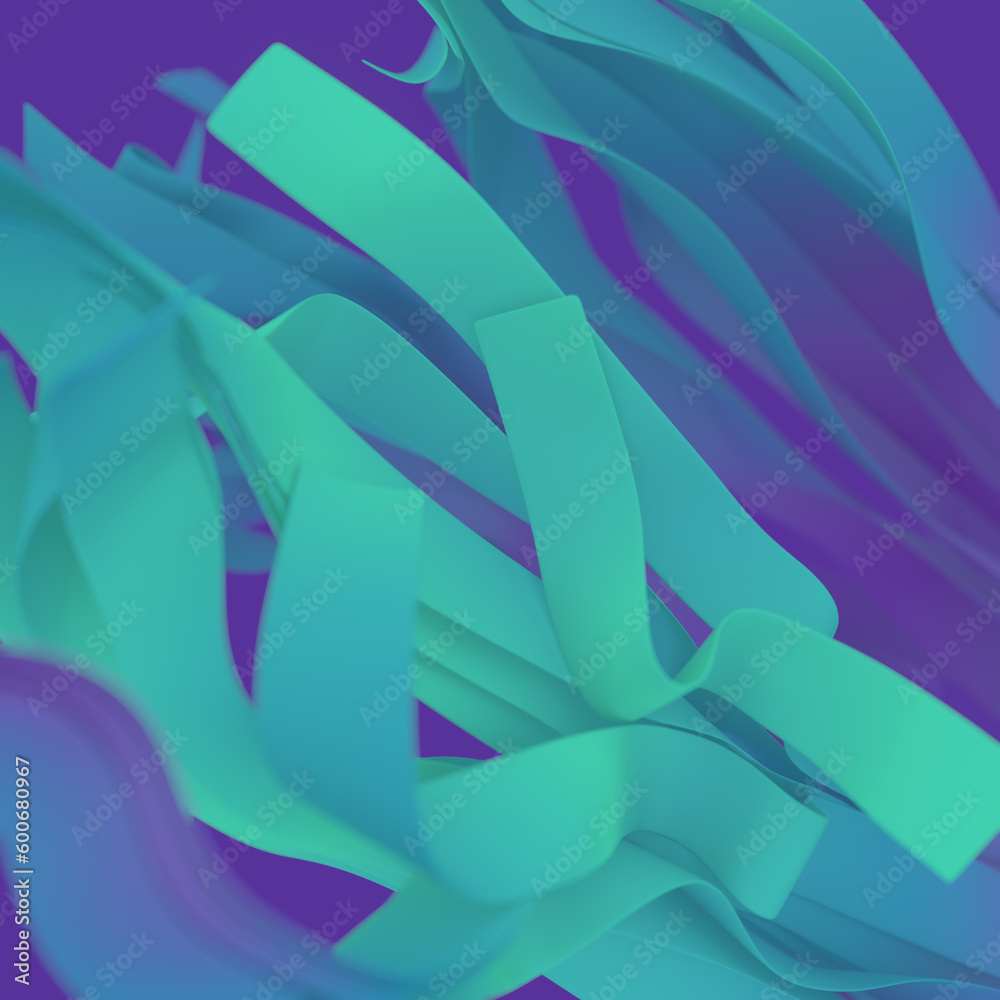 Poster modern pattern with flying neon colored stripes of fabric in the wind. 3d rendering digital illustra